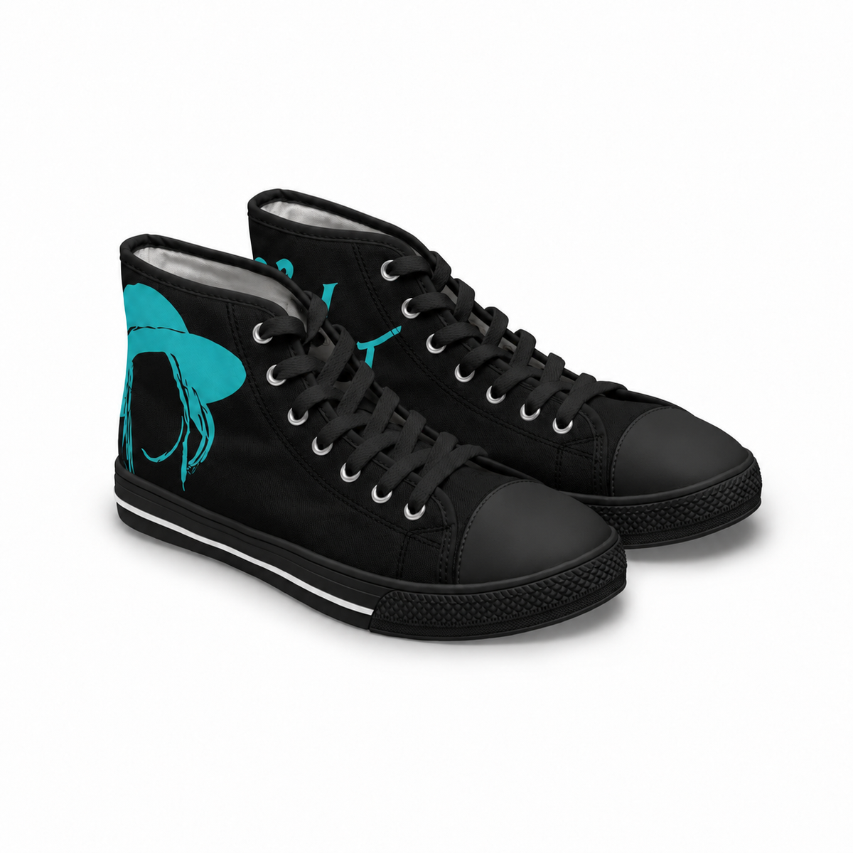 Women's Black N Aqua HighTops with black soles, black toe caps and black laces, front three-quarter view