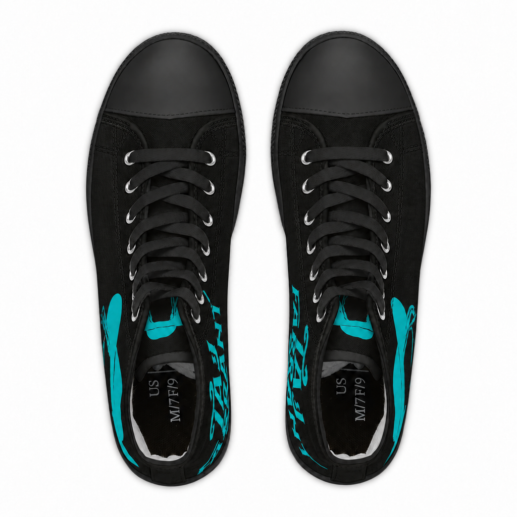 Women's Black N Aqua HighTops with black soles, black toe caps and black laces, top view