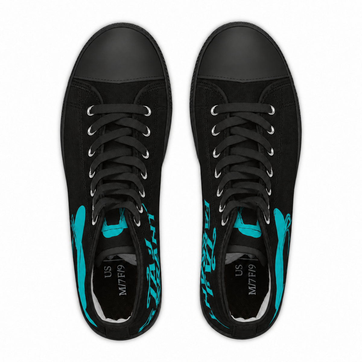 Women's Black N Aqua HighTops with black soles, black toe caps and black laces, top view
