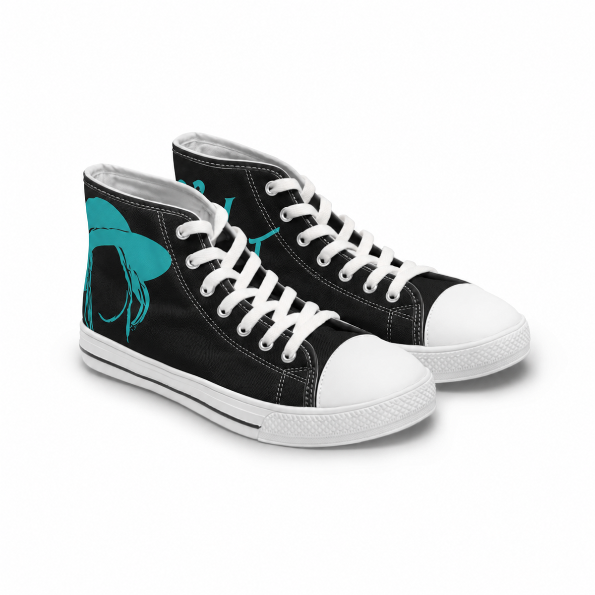 Women's Black N Aqua HighTops with white soles and white laces, front three-quarter view