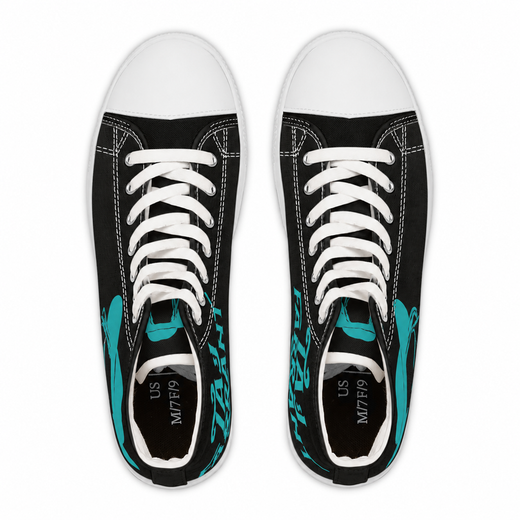 Women's Black N Aqua HighTops with white soles and white laces, top view