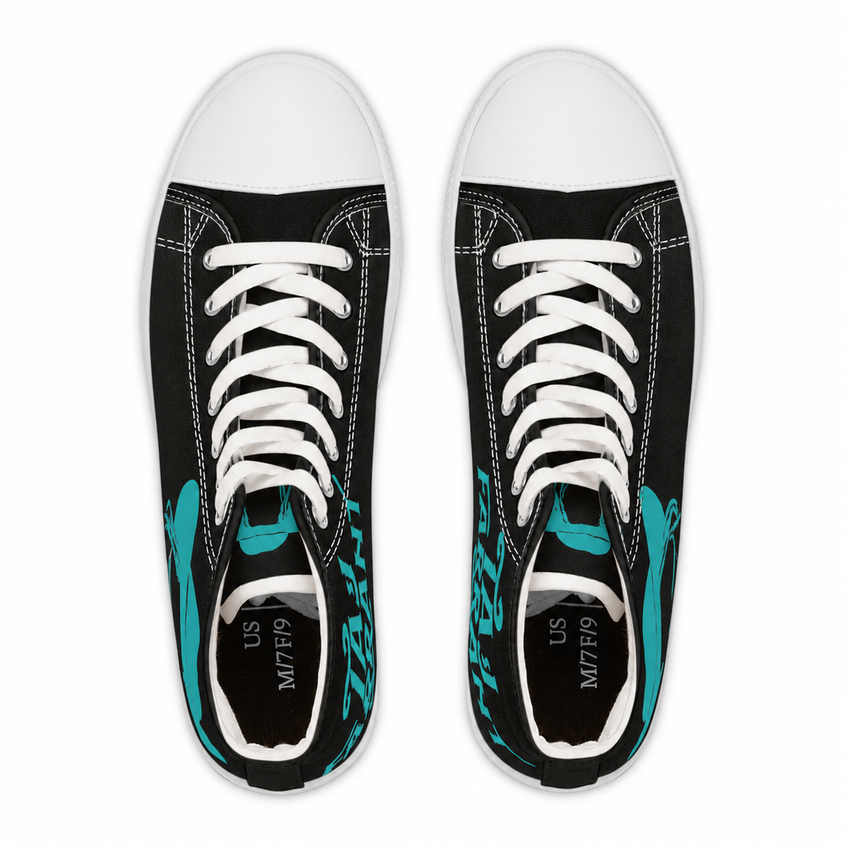 Women's Black N Aqua HighTops with white soles and white laces, top view